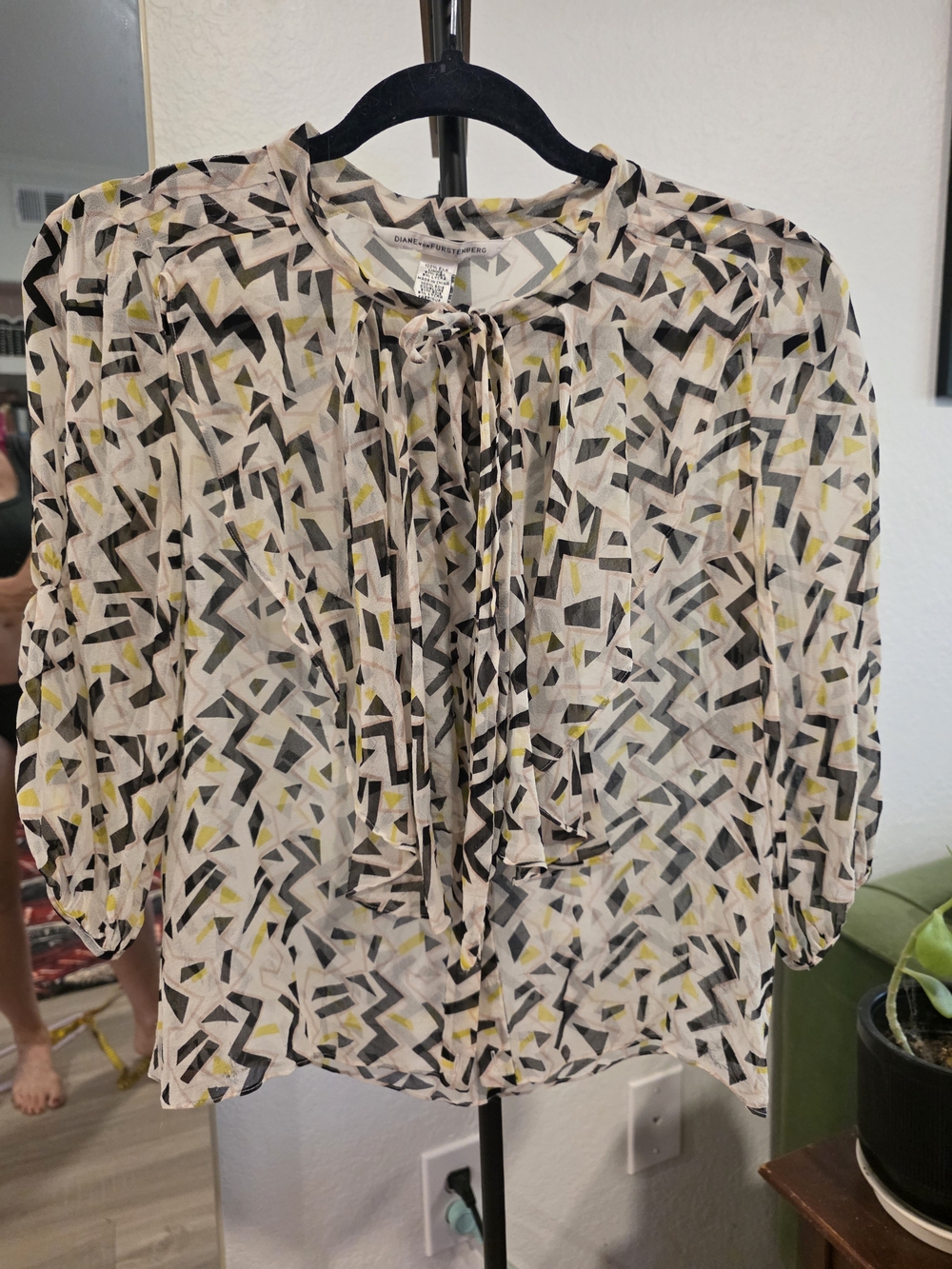 Diane Von Furstenberg Geometric Tie-Neck Blouse in Cream, Black and Yellow